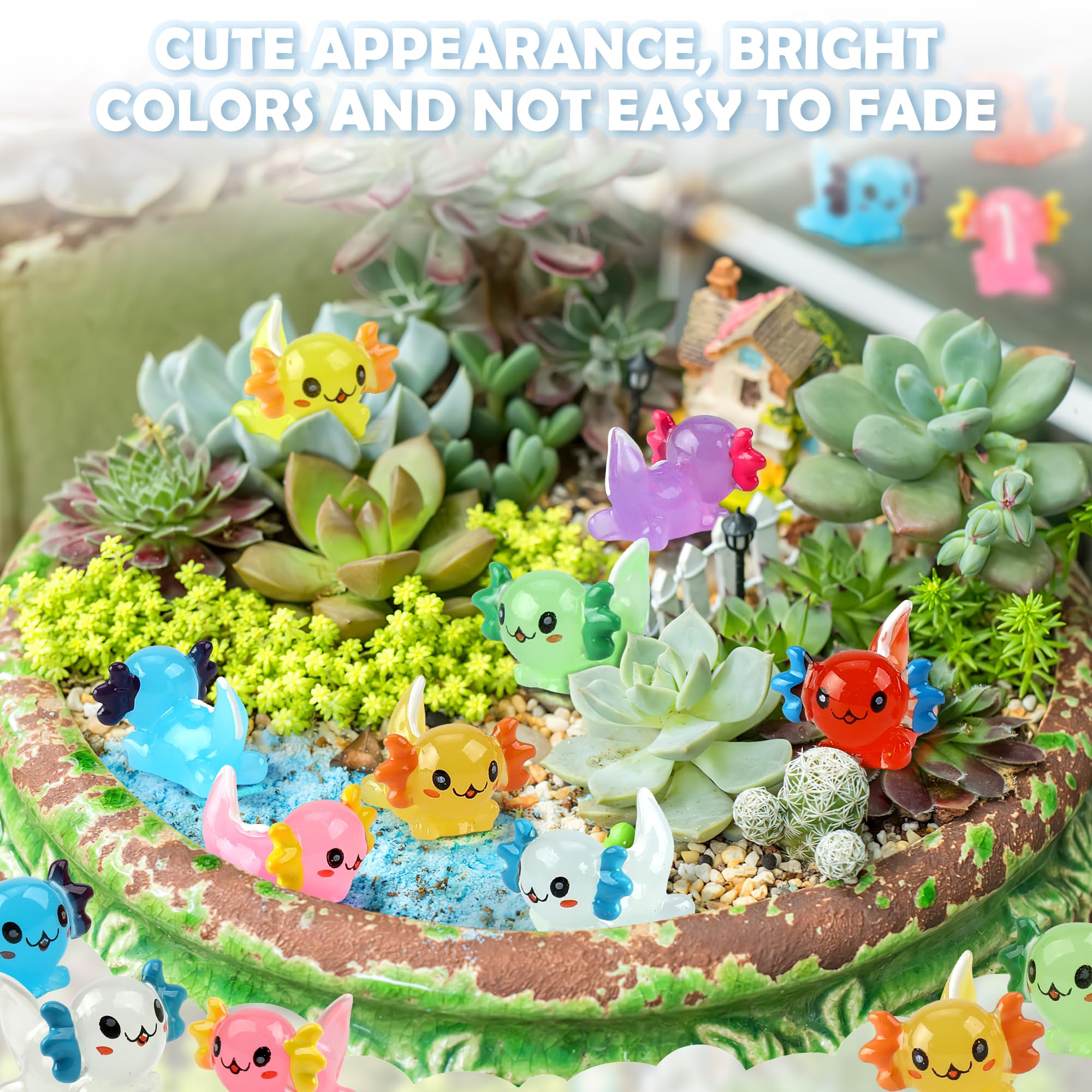 32 pcs Luminous Mini Resin Axolotl 8 Colors Glow in The Dark Tiny Small Little Resin Axolot to Hide Plastic Animal Figures for Garden Micro Landscape Aquarium Potted DIY Miniature Dollhouse Decor