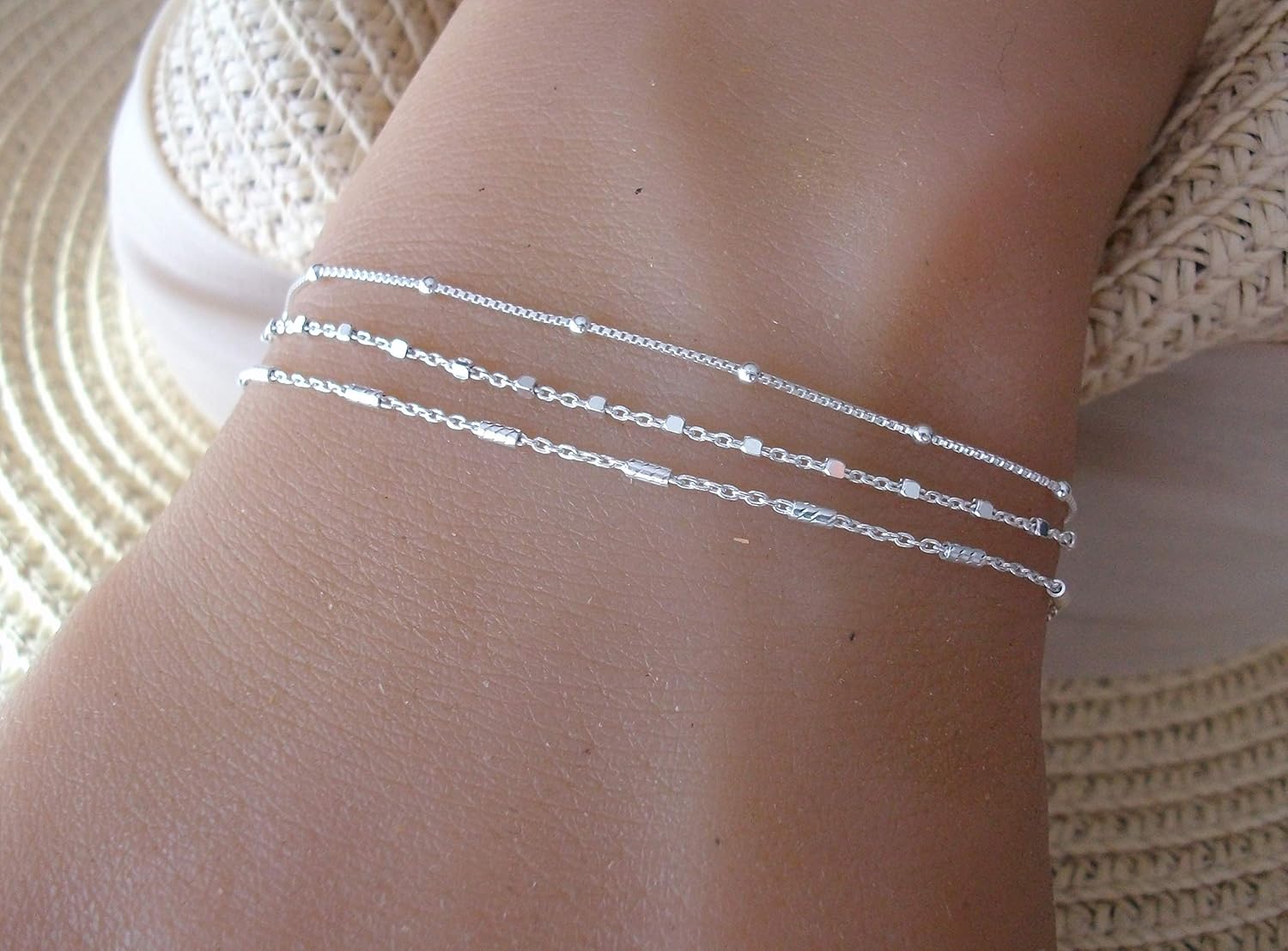 Lot de 3 Bracelets Argent Bracelets chaine perlée Fantaisie