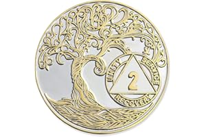 2 Year XL 40mm Nickel & Gold Plated AA Coin - Sobriety Mint Twisted Tree of Life Recovery Medallion/Chip - Silver/Gold