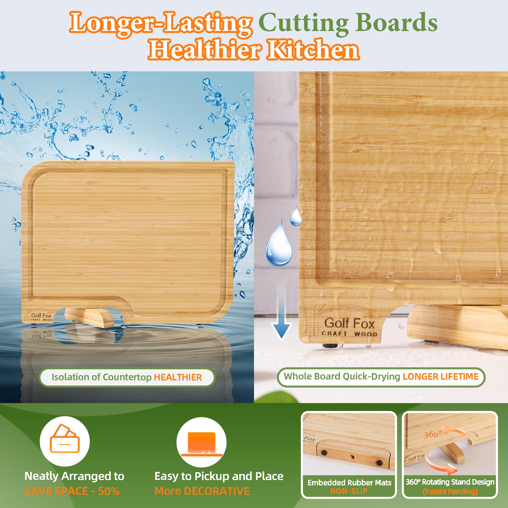 4-PCS Bamboo Cutting Board Set, Wood Cutting Board for Kitchen with Innovative Stand, Juice Groove & Handle, Double Sided for Chopping & Charcuterie Board, Kitchen Gift for Home Cooks, For Meat &Fruit