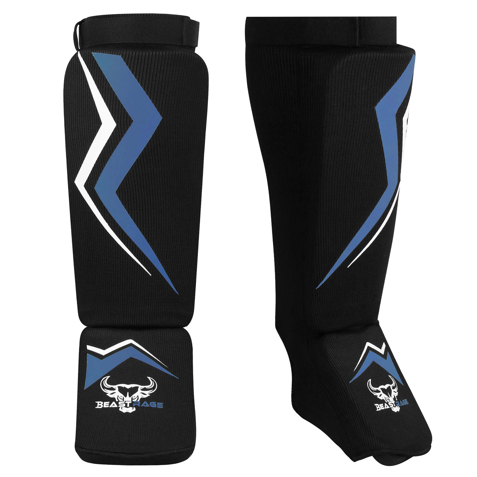 BEAST RAGE Shin Guards for Kickboxing, Instep Protection Pads for Muay Thai MMA Training, Martial arts boxing, Elasticated Padded Leg Foot Protector for Karate BJJ Taekwondo Gear (BLUE, L/XL)