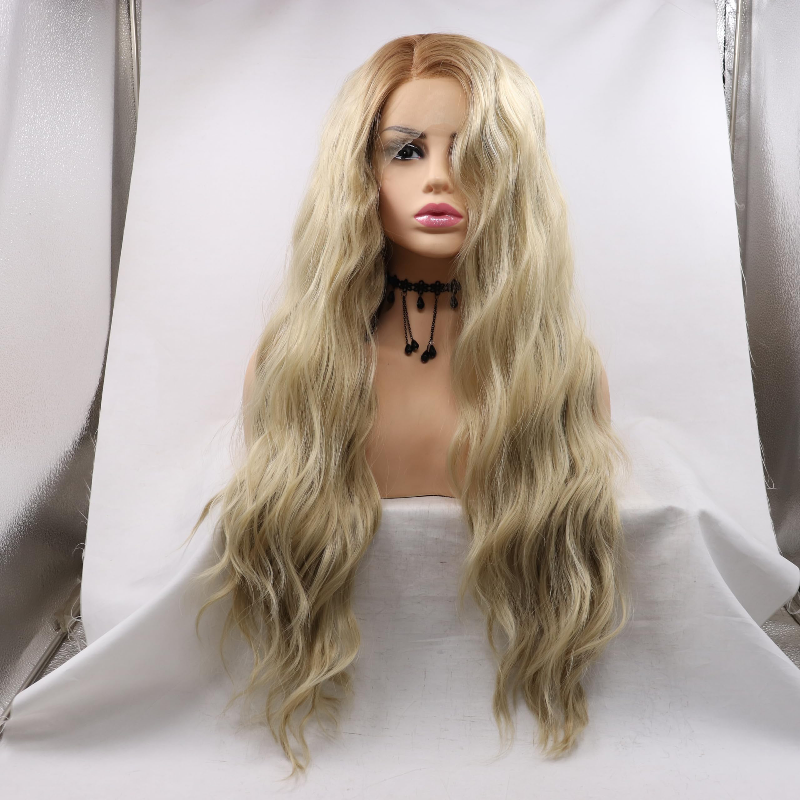 Xiweiya Mixed Blonde with Light Roots Lace Front Wig Long Straight Curly Ombre Blonde Synthetic Wigs Natural Hairline Women's Wig Heat Resistant Fiber Blonde Wig 26inch