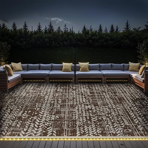 Outdoor Rug 6x9 RV Camping Mat Outdoor Carpet-Patio Camper Backyard Rug with Led Strip Light Reversible Waterproof Picnic Deck Proch Balcony Foldable Rugs Beige & Brown-Abstract