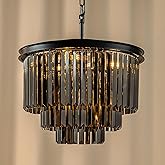 ALOADECOR 6-Light W 20 in. Modern Odeon 3-Tier Round Fringe Crystal Chandelier in Matte Black Finish Frame with Smoke Crystal