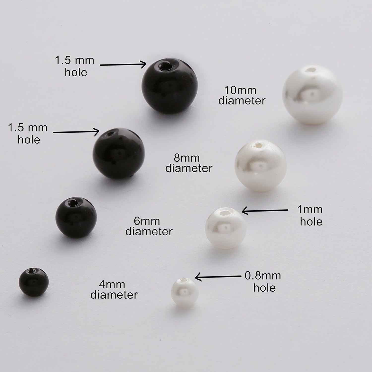 Glass Pearl Round Beads, Black and White Beads with Pearl Treatment; 4mm, 6mm 8mm and 10mm Beads. 490 pcs - Image 4