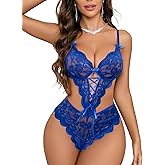 Donnalla Women's Sexy Lingerie Lace Teddy Deep V Bodysuit Push Up Lingerie One Piece Cutout Outfit