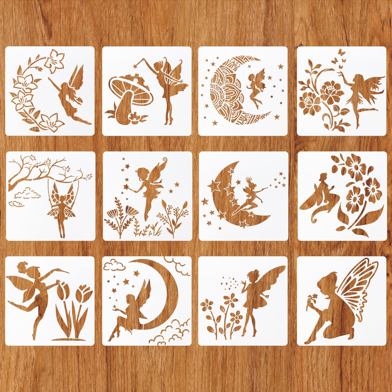 MWOOT 12 Pieces Fairy Stencils Set for Painting, Angel Moon Flowers Pattern DIY Drawing Template, Reusable Plastic Crafts Stencils for Scrapbooking Floor Wall Canvas Fabric Decor (20x20cm)
