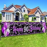 Purple 90th Birthday Decorations for Women, Black Purple Silver Happy 90th Birthday Yard Banner Sign for 90 Years Old Party Supplies Indoor Outdoor Decor