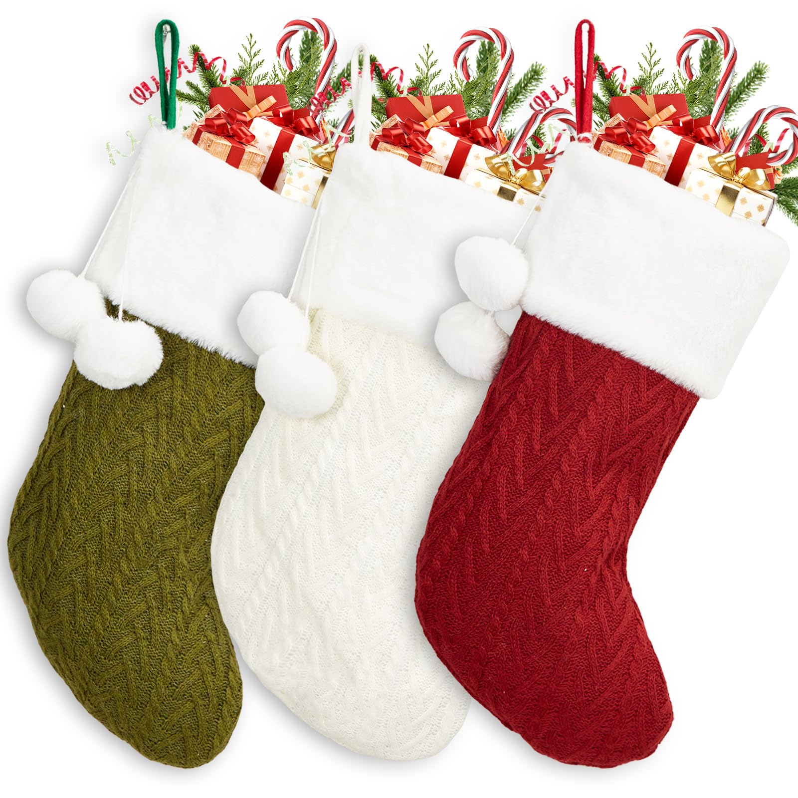 Photo 1 of 3 Pack Christmas Stocking, Family Christmas Stocking, Knitted & Plush Cuffs Xmas Stocking, 18” Large Cable Knitted Stocking, Holiday Stocking Decorations Fireplace Hang Stocking (Red White Green) F1