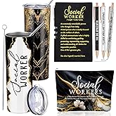 Domensi 6 Pcs Social Worker Appreciation Gifts for Women Lady Include 20oz Tumbler Makeup Bag A6 Leather Notebook Ballpoint Pens School Social Worker Must Haves Office Supplies(Black)