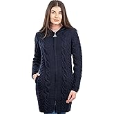 SAOL 100% Merino Wool Aran Cable Knit Hooded Zip Cardigan Irish Coat