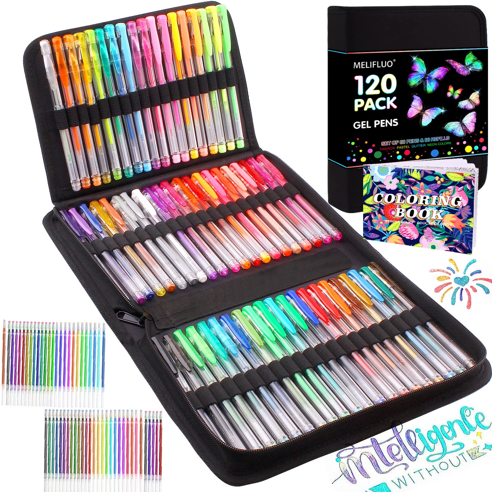 Melifluo 120 Pack Glitter Gel Pens 60 Gel Pens for Colouring with 60 Refills in Zipper Case for Adult Colouring and Drawing Writing