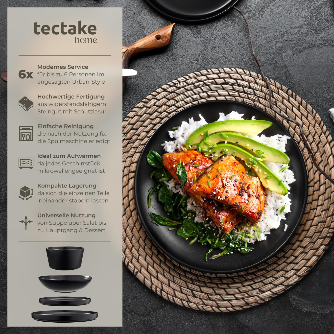 tectake® 24-tlg. Geschirrset, Tafelservice 6 Personen, Steingut Geschirr Set schwarz, Teller Set mit Schalen, Speiseteller, Frühstücksteller, tiefe Teller und Schüsseln - schwarz 2