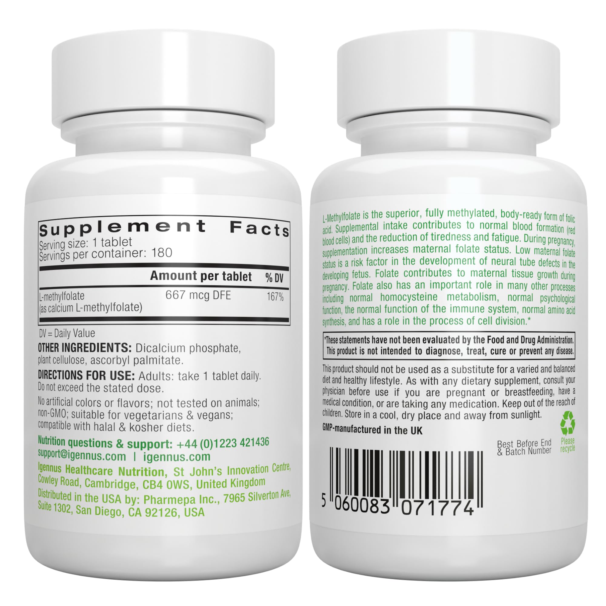 Igennus Pure Methyl Folate 400 mcg, 180 Tablets, Clean Label, Methylated Form of Folic Acid 5-MTHF (Vitamin B9), Vegan, Suitable for Pregnancy, One-a-Day, 6 Month Supply
