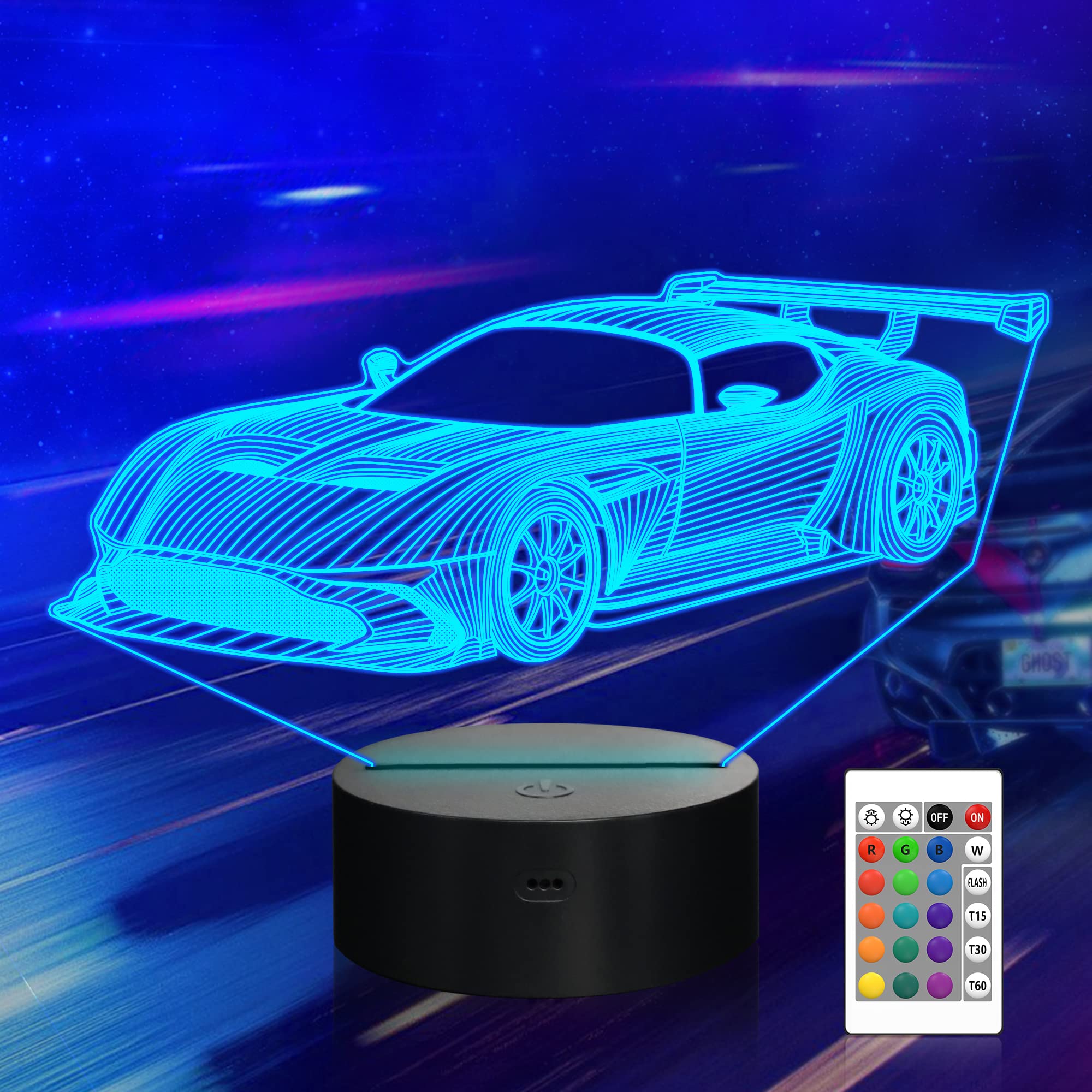 Coopark Car Gifts, 3D Racing Car Illusion Night Light, 16 Colors Changing with Remote Control Timer, Kids Bedroom Rally Vehicles Decor Novelty Birthday Present for Sports Racing Lover Children Boy Men
