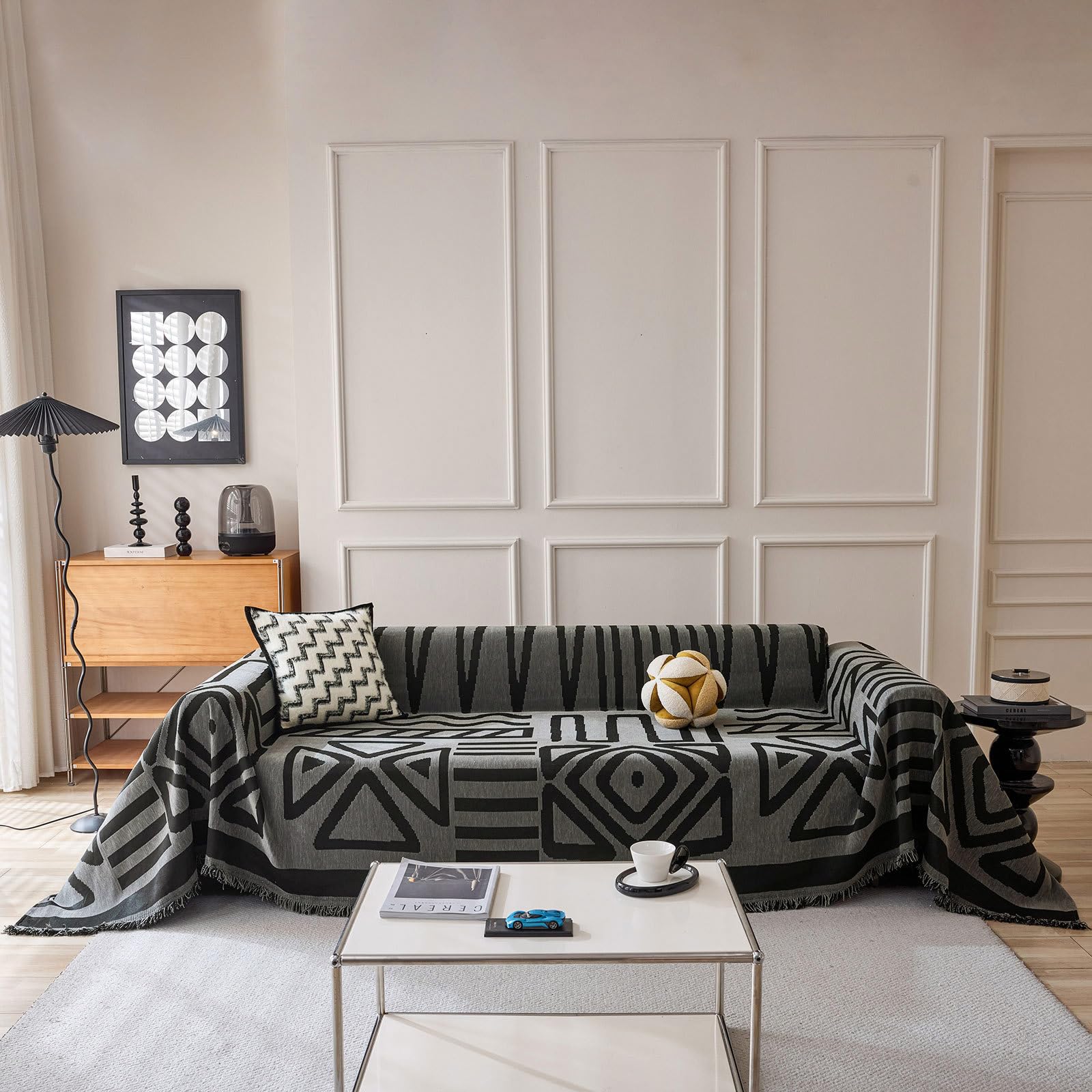 Photo 1 of VClife Couch Cover 1 Piece Boho Tribal Black and Dark Gray Geometric Jacquard Sofa Cover for 2 Cushion Couch Sofa, Soft Washable Chenille Living Room Loveseat Cover Slipcover for Sofa Bed 71"X118"