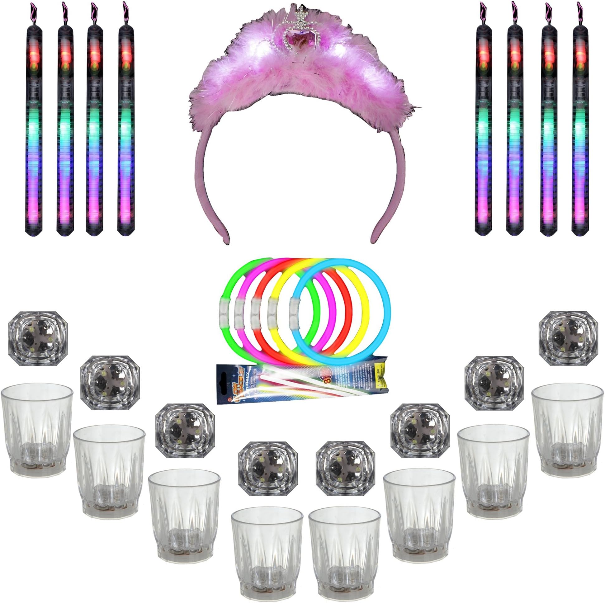 Ladies Night Bachelorette Glow Party Kit with LED Tiara Rings Shot Glassess Necklaces and Glow Bracelets