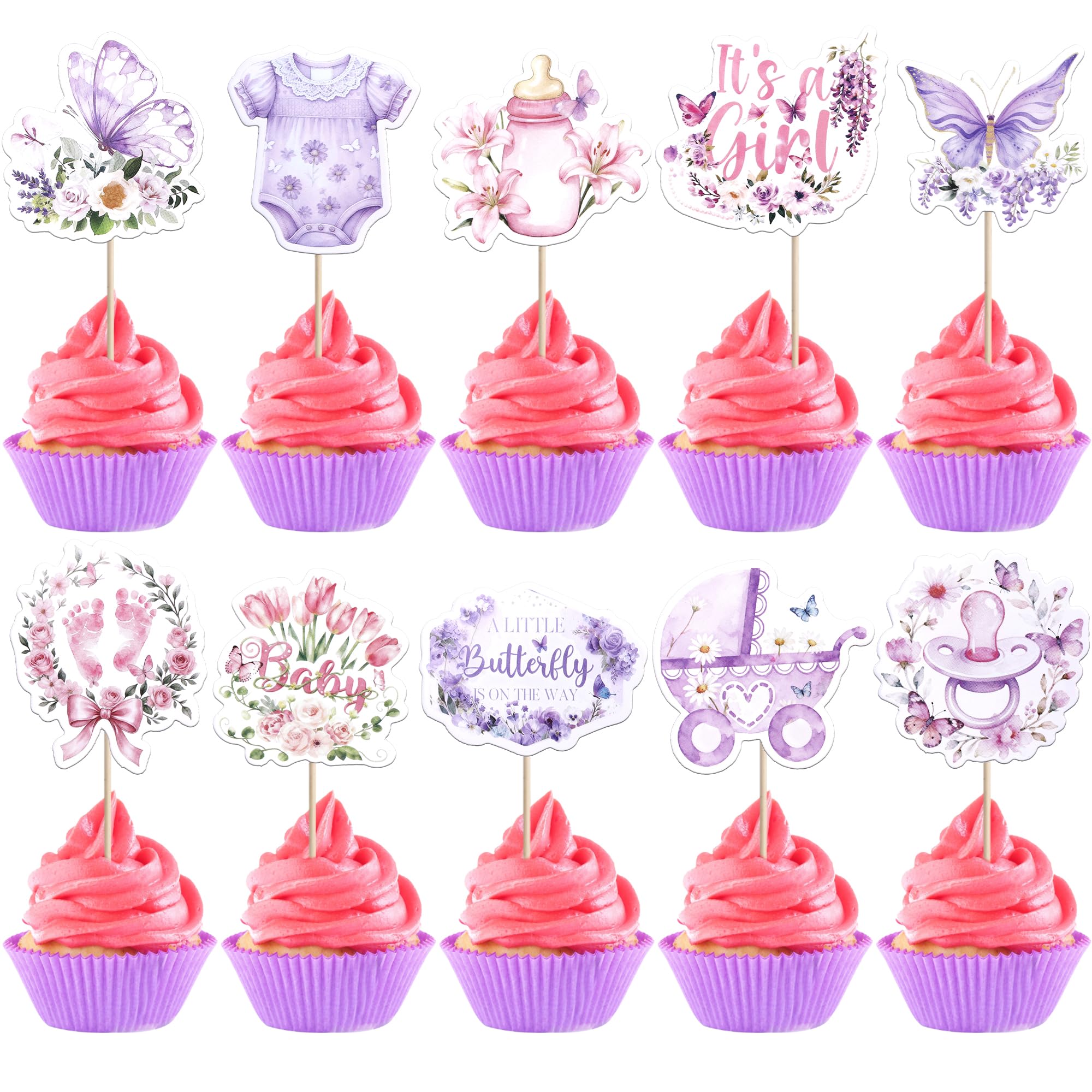 Xsstarmi 40 Pack Baby Shower Cupcake Toppers Welcome Baby a Little Birthday Girl Cupcake Picks for It's a Girl Gender Reveal Party Cake Decorations Supplies