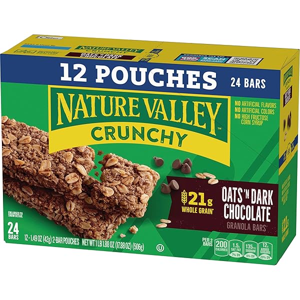 NATURE VALLEY CRUNCHY GRANOLA BARS, OATS ‘N DARK CHOCOLATE, 24 BARS, 17.88 OZ (12 POUCHES)
