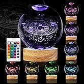 3D Solar System Crystal Ball Night Light 3.15 inch Galaxy Planet Glass Ball Lamp with 16 Color Change Wooden Base and Remote Control Astronomy Space Gifts for Kids Friend Birthday Christmas Room Decor