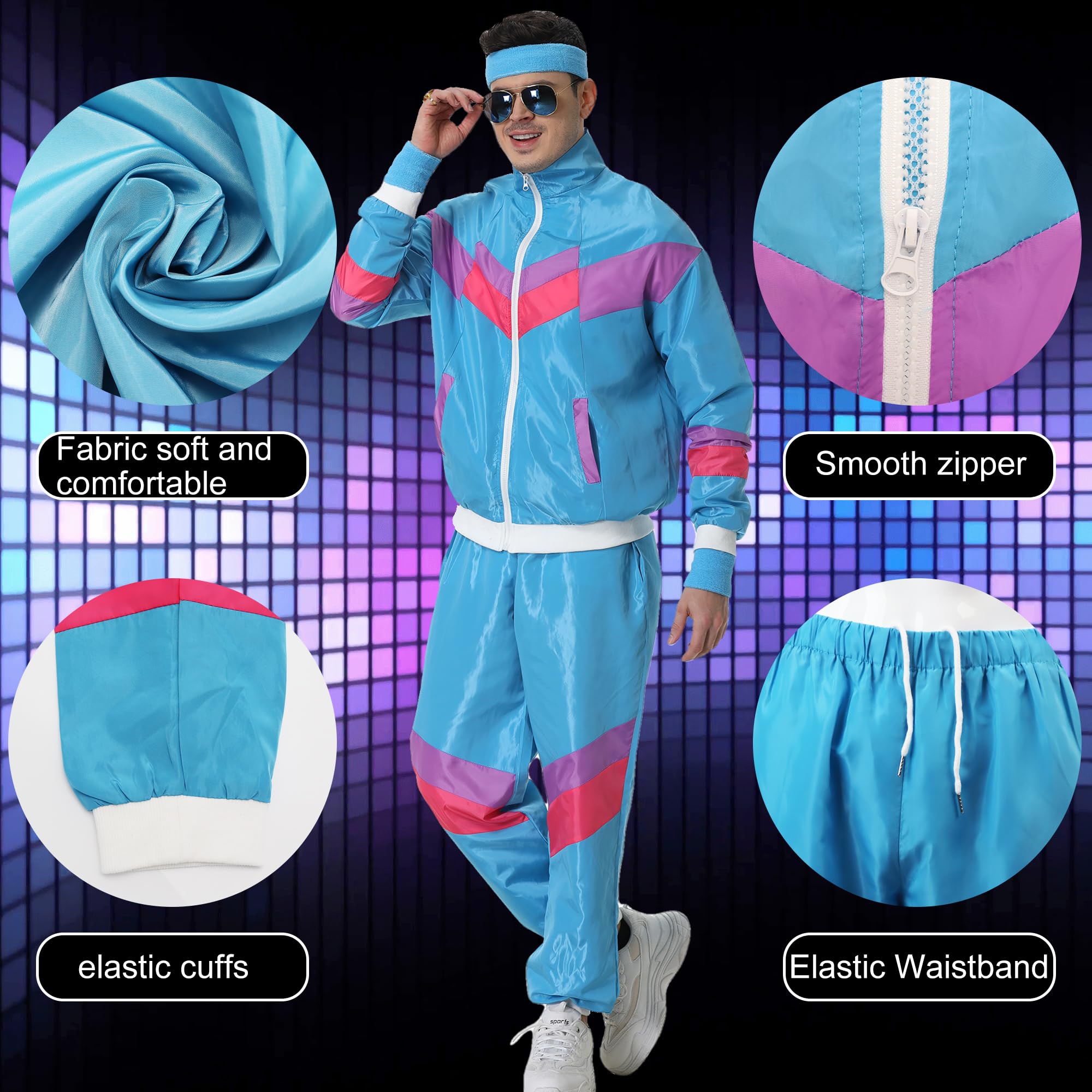 KUKIKUKI 80er/90er Jahre Outfit für Herren und Damen, Unisex Tracksuit Sportbekleidung, Streetwear Trainingsanzug Jogginganzug - Blau, 3XL 5