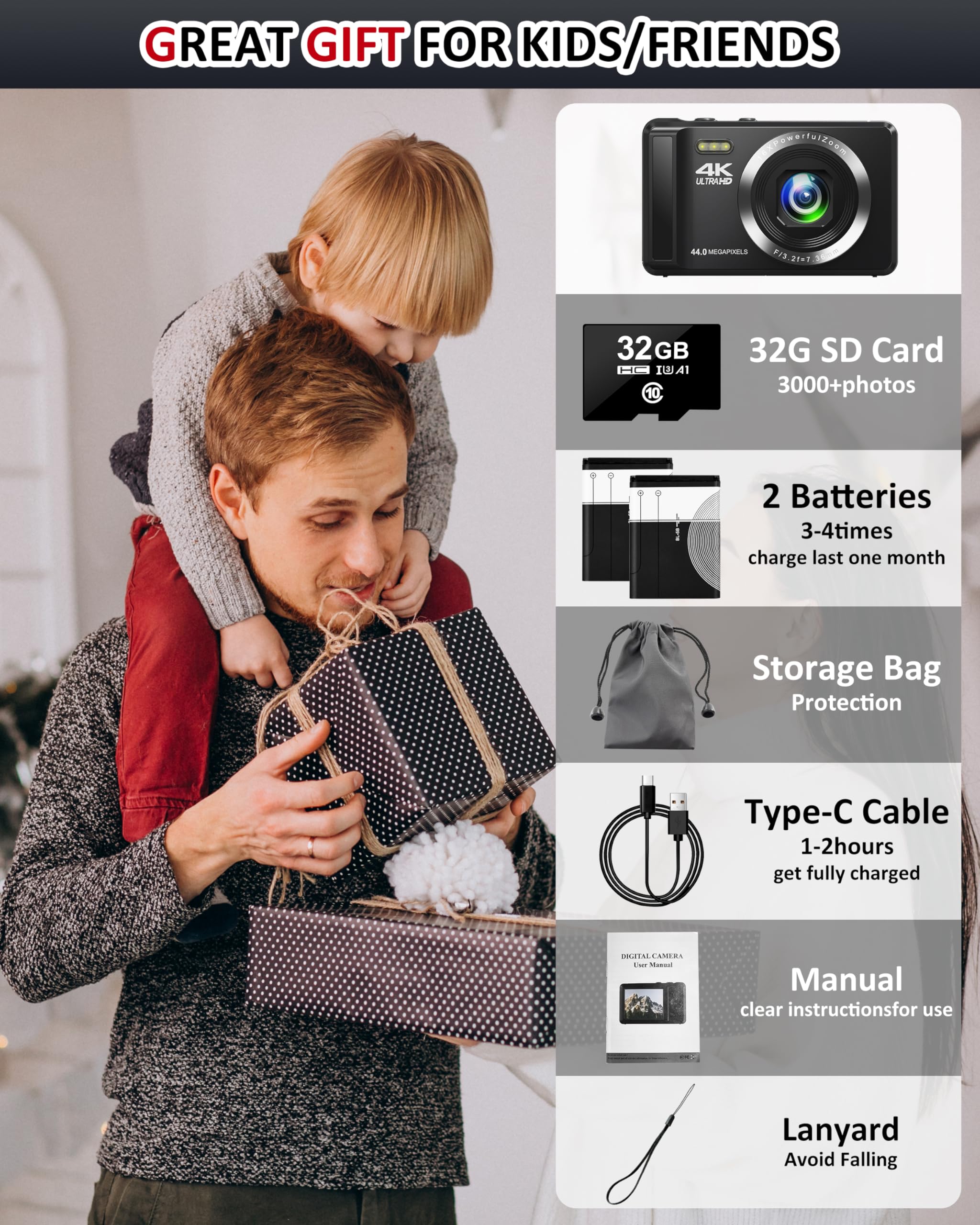 Digital Camera - 4K 44MP UHD Digital Cameras for Photography - Autofocus Point and Shoot Vlogging Camera with 16X Zoom, 32GB SD Card, 2 Batteries - Compact Small Cameras for Kids Teens Boys Girls