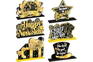 Shellwei 6 Pieces New Years Wooden Centerpieces Happy New Year Eve Table Decorations 2026 Black Gold Glitter Indoor Decor Eve Party Supplies for Holiday House Celebrations