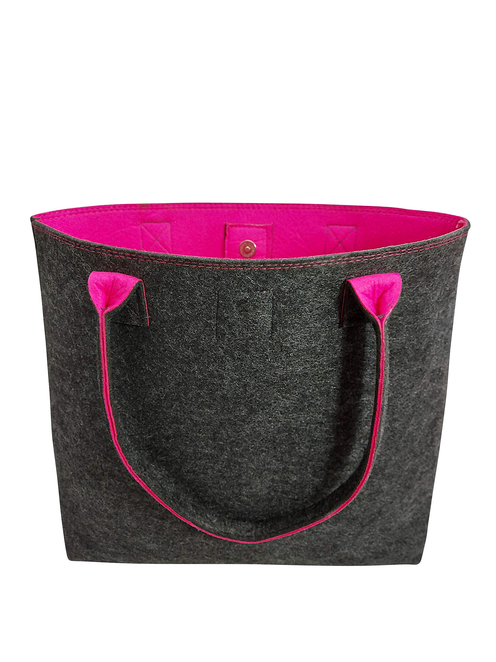 Tebewo Felt Shopping Bag, Large Closable Shopping Bag with Handle, Shopping Basket, Large Handbag, Shoulder Bag, Versatile Carry Bag, Grey (Grey/Magenta)