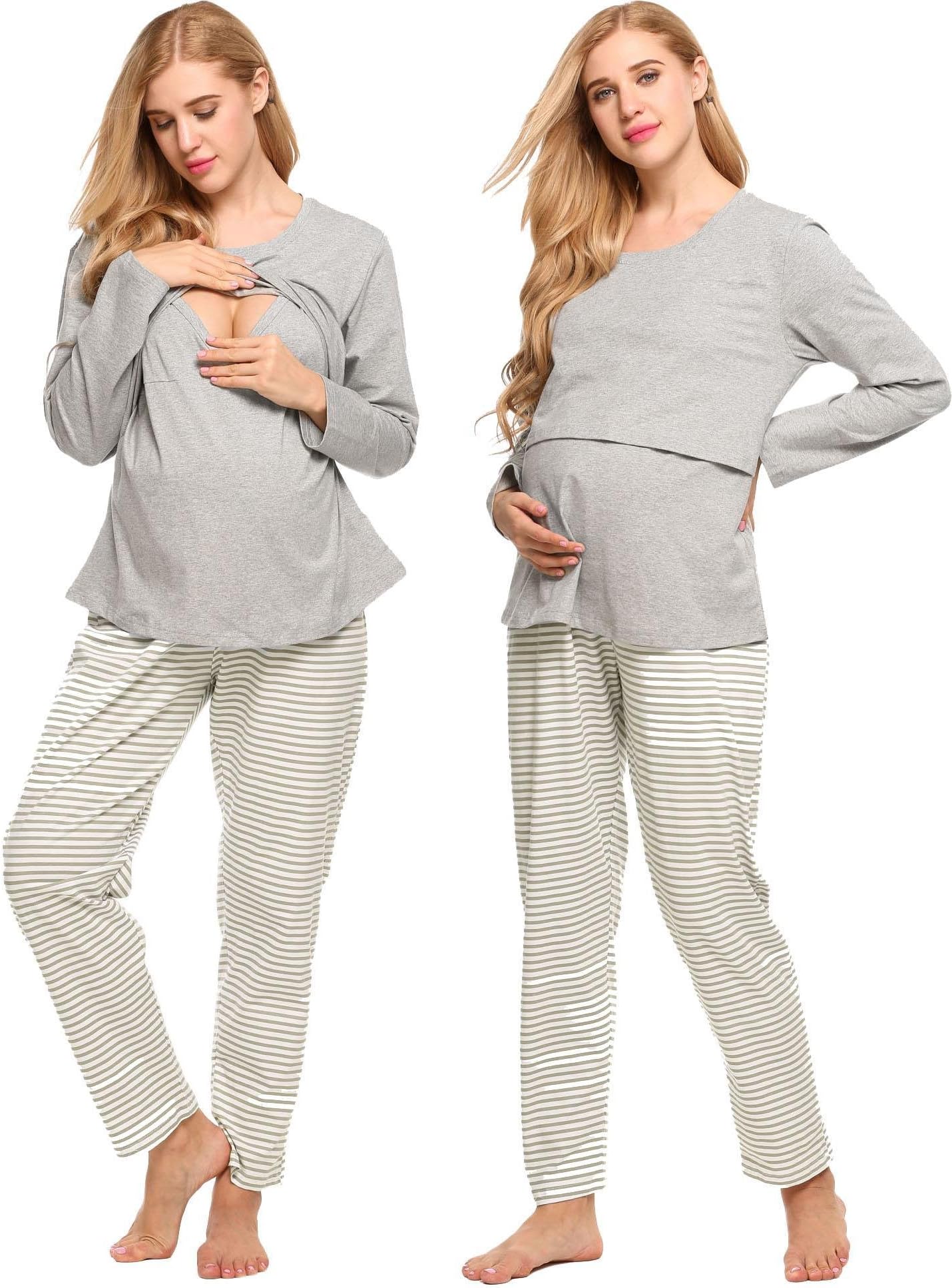 Aimado Breastfeeding Sleepwear Women Cotton Pajama Set Striped Nursing Nightgown (S-XXL)