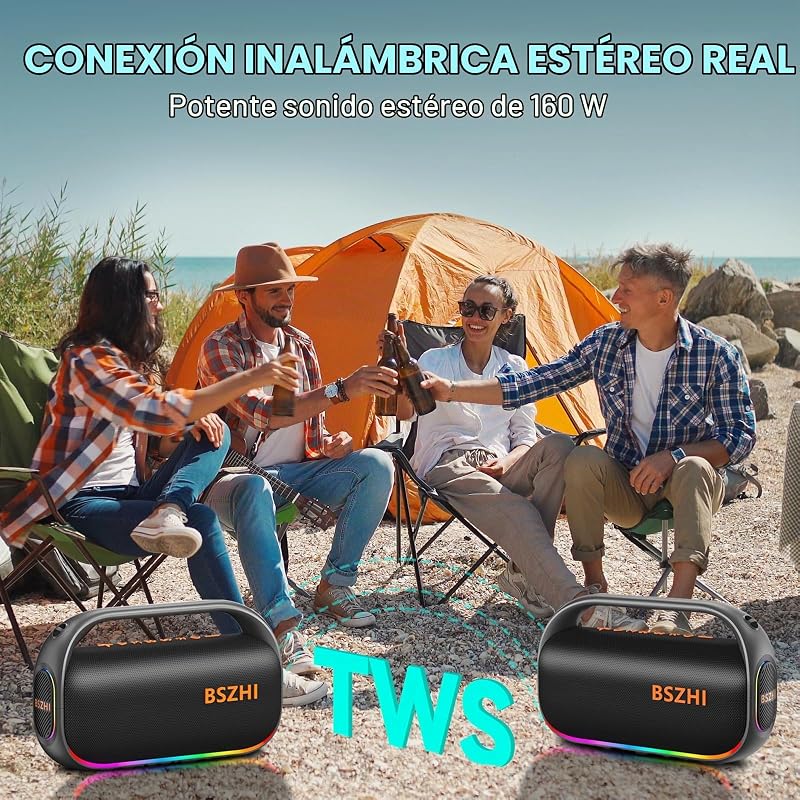 Coluna Bluetooth de 80W (120W de pico), potente, portátil, IPX6 à prova de água, sem fios, TWS, ao ar livre, para festas, viagens e campismo na praia, com luz, BT5.0, cartão USB/TF, AUX.