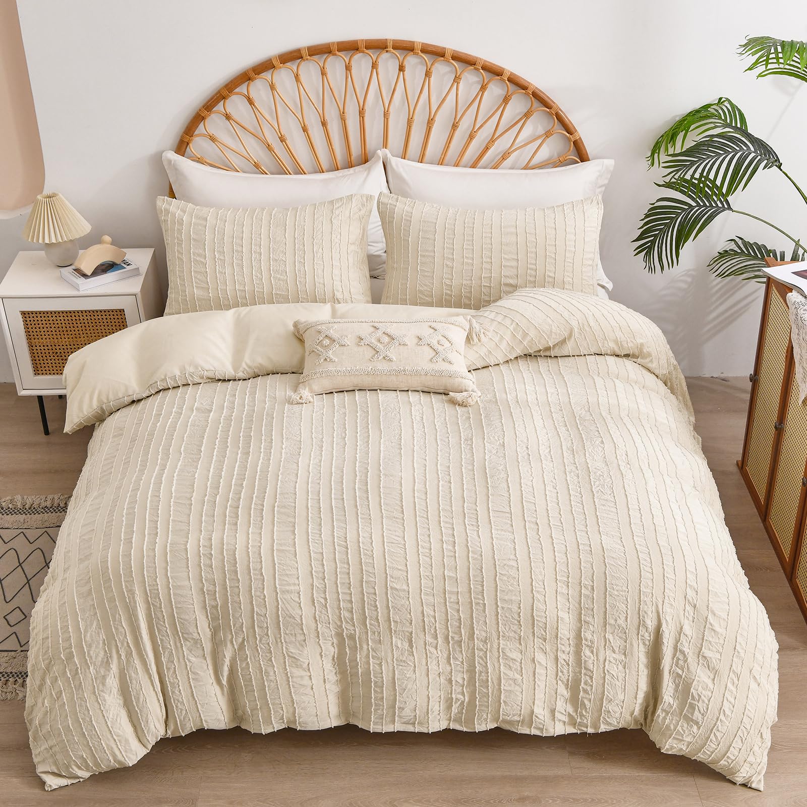 DJY Beige Bedding Set Double Size 3PCS-Plain Tufted Duvet Cover Set, Soft Microfiber Lightweight Duvet Cover Set with Zipper Closure (Double, 200x200cm)