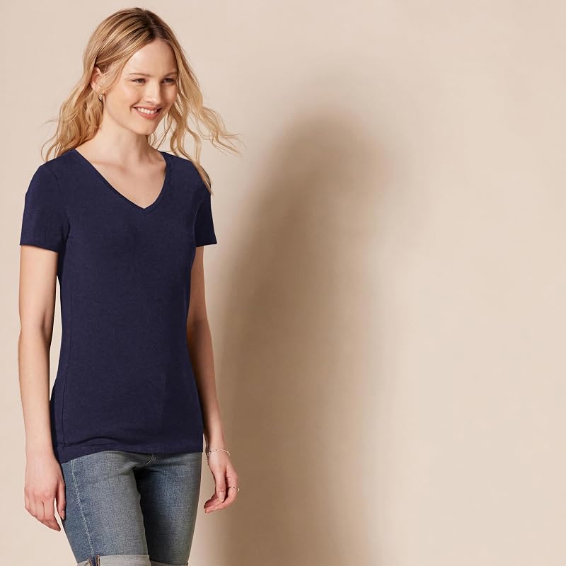 Maglietta con Scollo a v a Maniche Corte Vestibilità Regolare Donna, Pacco da 2, Rosa/Blu Marino, M
