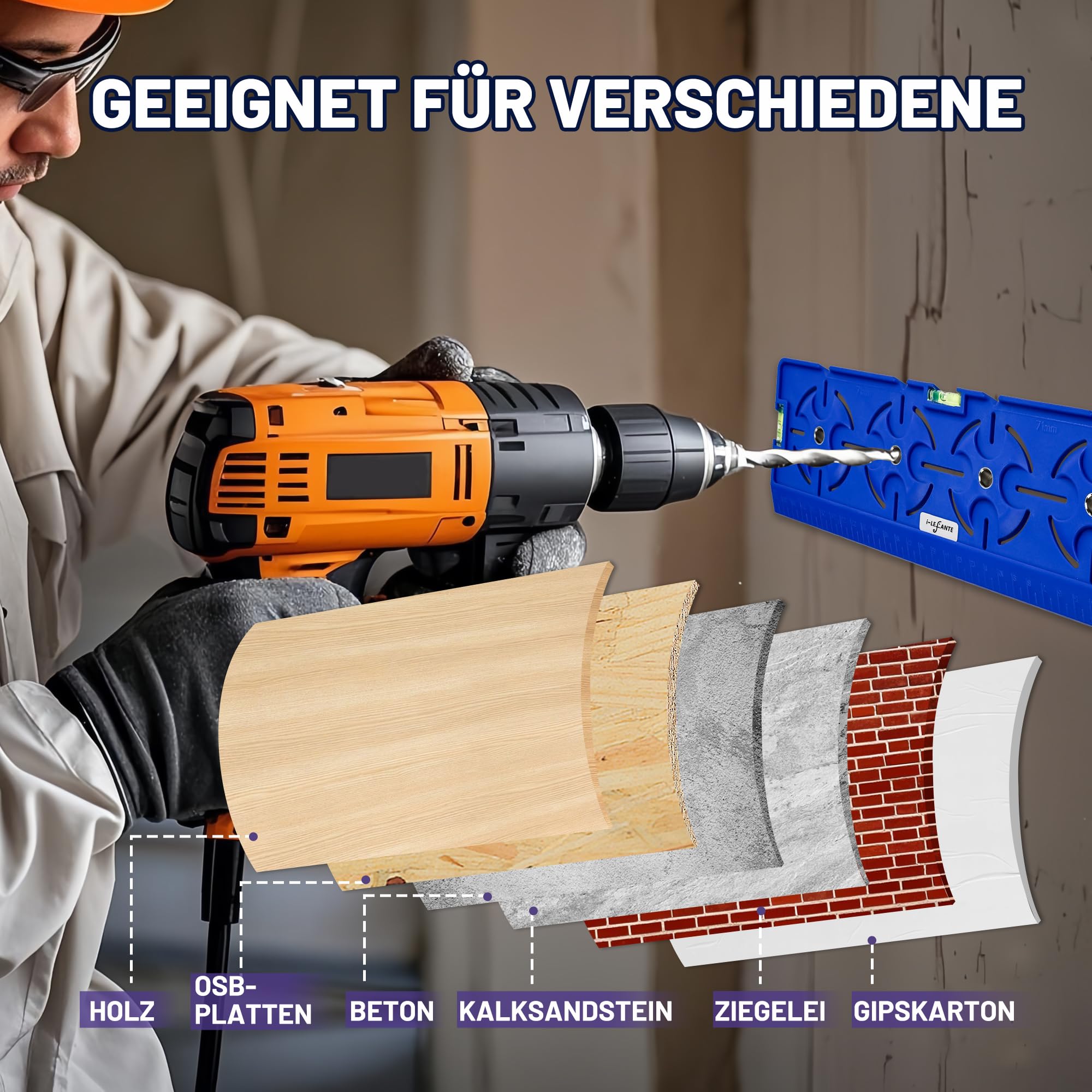 Bohrschablone für Steckdose Schalterdose Unterputzdose Hohlwanddose 71mm Abstand All in One mit Wasserwaage 30cm Lineal Für Elektroinstallation Rohbau Trockenbau Elektriker Heimwerker (Blau) 4