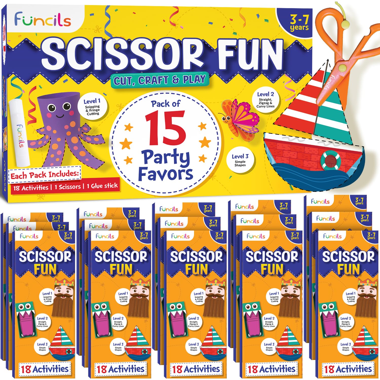 Funcils Educational Kids Party Favors (15 Pack) - Scissor Skills Craft Activity Kits with Book, Scissors & Glue - Birthday Goodie Bags Stuffers, Classroom Return Gifts for Boys & Girls Ages 3 4 5 6 7