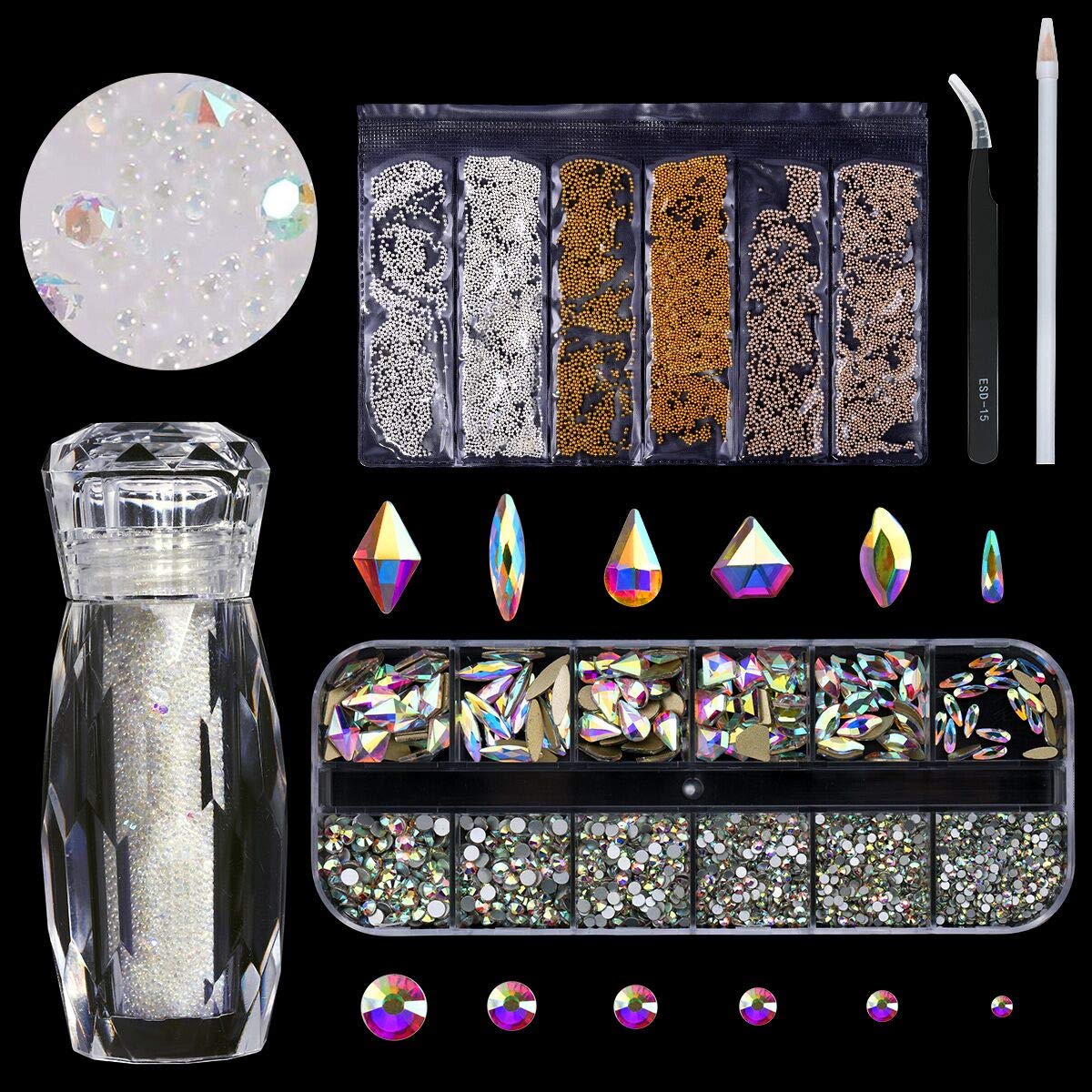 120 Pcs Glass Crystal AB Rhinestones For Nail Art Craft(120+1656pcs),Micro Nail Pixie Beads 1 Bottle,Mixed Colors Metal Bead 1 Pack Nails 3D Decorations Nail Art Kit