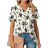Anyally Women's Summer Dressy Chiffon Blouses V Neck Ruffle Short Sleeve Tunic Tops for Leggings Casual T-Shirts