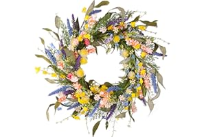 Montekin 22" Colorful Garden Cosmos and Lavender Spring Summer Wreath with Green Leaves, Wildflower Artificial Wreath for Front Door Home Wall Wedding Farmhouse Holiday Outdoor Indoor Décor
