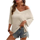 Rapbin Women's Crochet V Neck Beach Cover Up 3/4 Sleeve Hollow Out Knitted Pullover Sweater