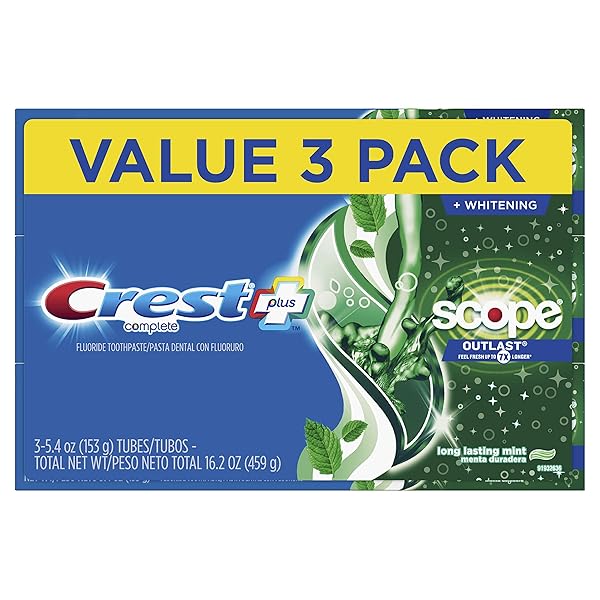 CREST PLUS SCOPE OUTLAST COMPLETE WHITENING TOOTHPASTE, MINT, 5.4 OUNCE, 3 COUNT