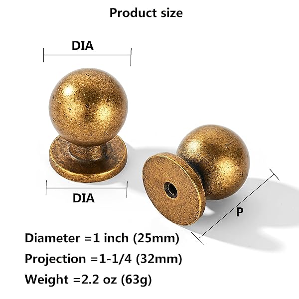 KHTUMEWARE 30 PACK 1 INCH (25MM) DIAMETER ROUND SOLID VINTAGE ANTIQUE BRASS FINISH KITCHEN CABINET KNOBS,BALL CABINET KNOBS.