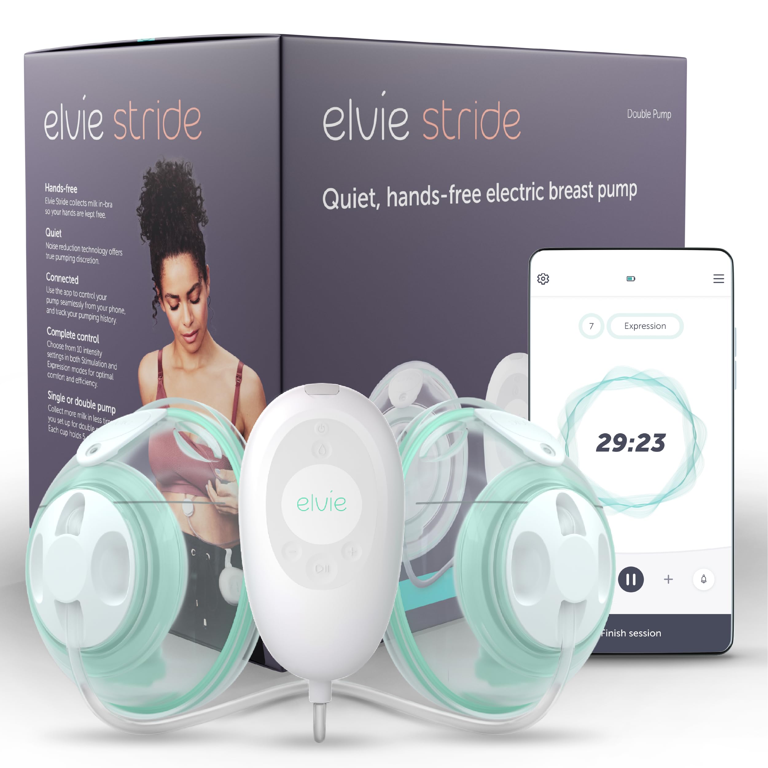 Elvie Stride 2 Double with Lanyard, Hospital Grade Breast Pump, Hands-Free Wearable Electric Breastfeeding Pump, 10 Settings, Ultra-Soft Cups, Fits 99% Nipples, App Controlled, Rechargeable