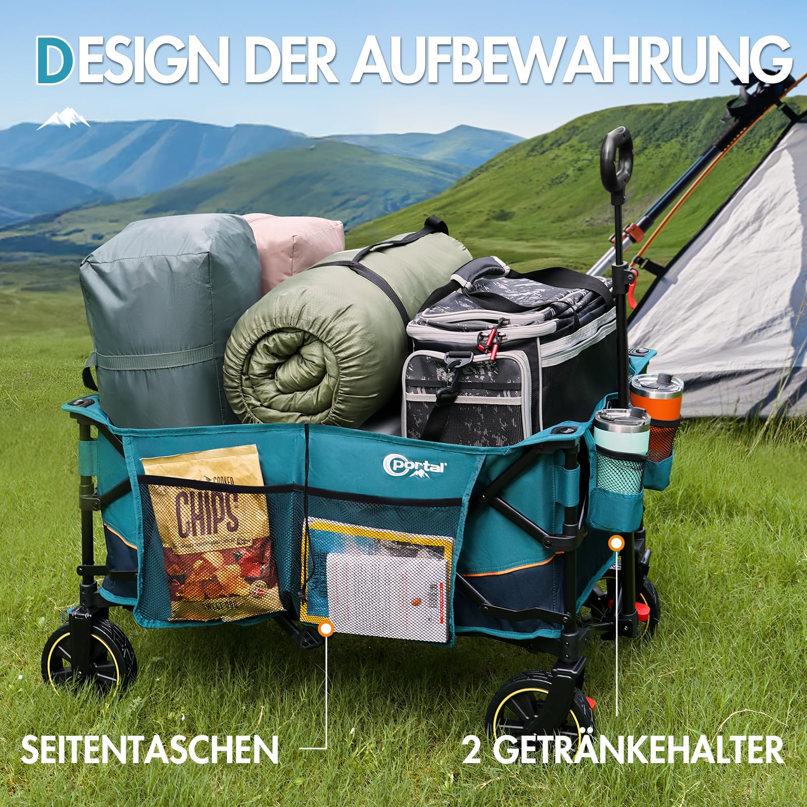 Portal Bollerwagen faltbar XXL Große Ladefläche 120kg belastbar Handwagen mit Getränkehalter Seitentasche Transportwagen Leiterwagen klappbar Strandwagen Faltwagen für Garten Camping Festival 2