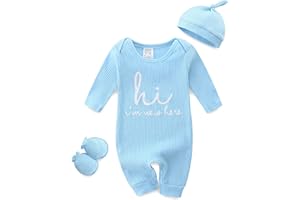 BIBIMOM Baby Romper with Baby Mittens & Newborn Hats Footless Long Sleeve Solid Onesie Hi Im New Here