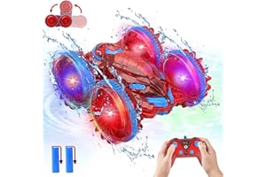 FLYBAKIZ Spider Amphibious Remote Control Car for Kids with LED Lights, RC Boats for Boys Age 6 7 8 9 10 11 12, 2.4GHz 4WD Spide RC Stunt Car Waterproof Outdoor Pool Toy Birthday Gifts for Boy Girl 4-7