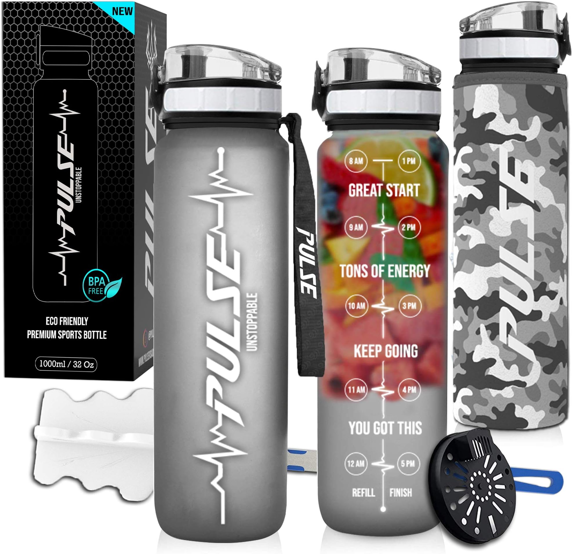 Pulse 32oz Sports Water Bottle with Time Marker, BPA Free, Sweatproof Insulated Sleeve, Cleaning Brush, Large 1 Liter, Leakproof & Non-Toxic, for Sports, Fitness, Gym and Outdoor (Urban Camo)
