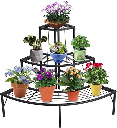 Doeworks 3 Tier Plant Stand Planters Display Holder Flower Pot Rack Quarter Round Plant Corner Shelf Indoor Outdoor Black Amazon Co Uk Garden Outdoors