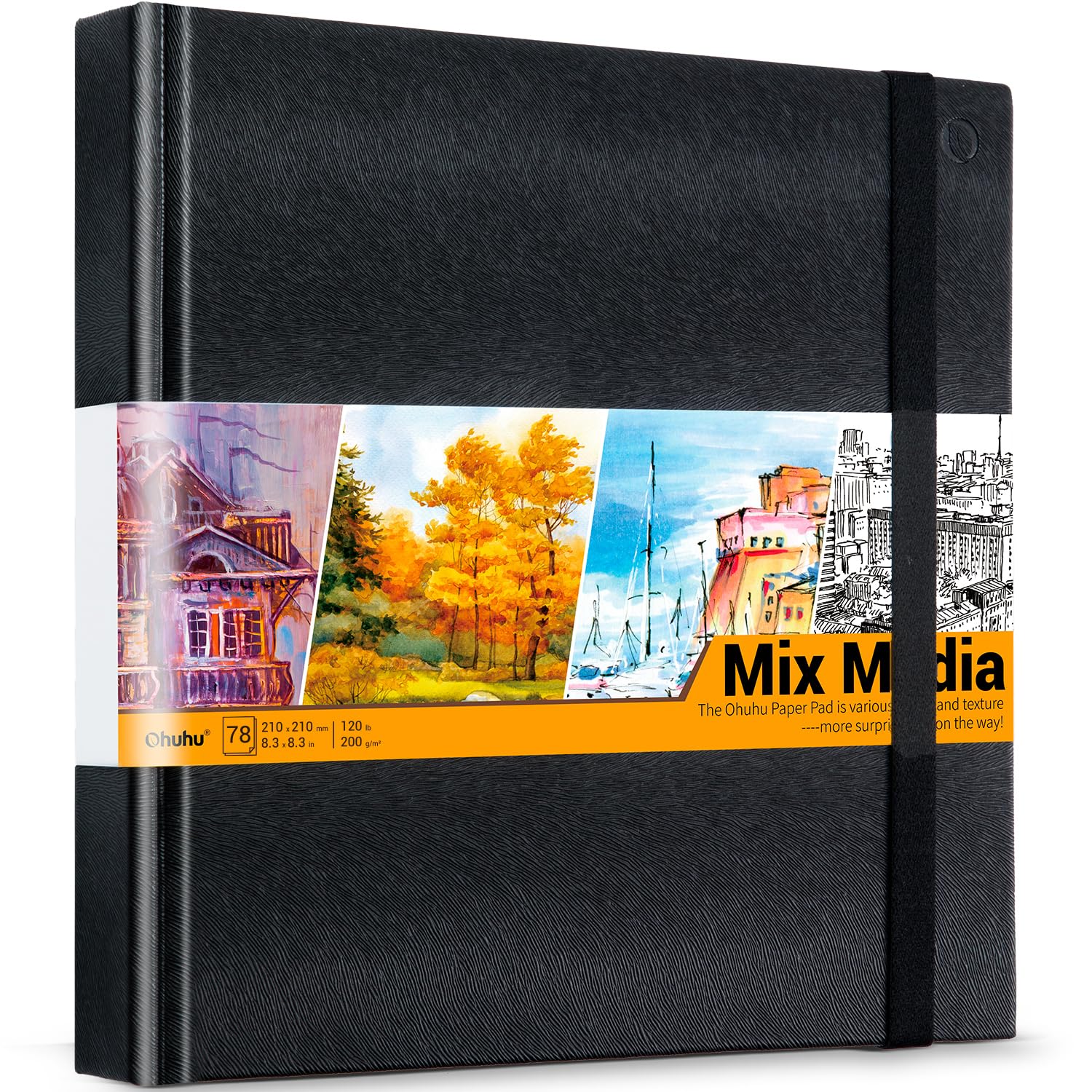 Ohuhu Mixed Media Sketchbook PU Hardcover, 78 sheets/156 Pages - 200gsm Heavyweight Paper (8.3" 8.3") Sketch Pad Durable Acid Free for Pencils Charcoal Marker Pastel Acrylic Watercolour