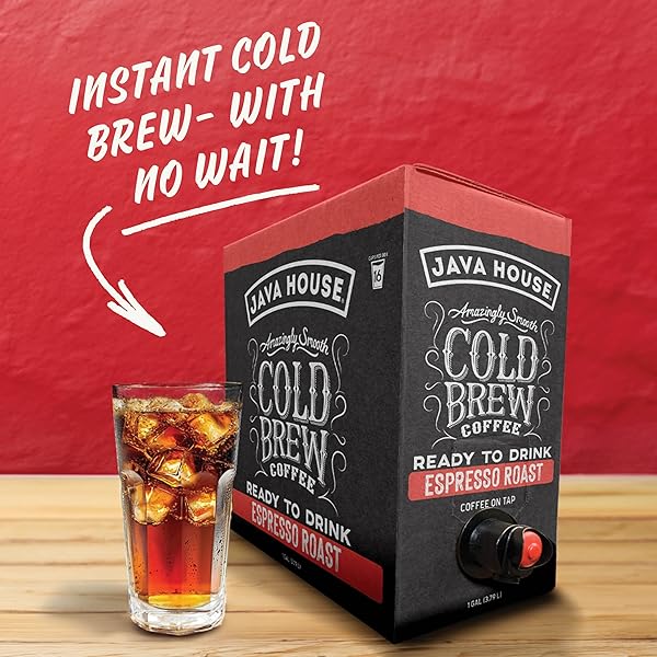 JAVA HOUSE COLD BREW COFFEE ON TAP – PREMIUM 100% ARABICA DARK ROAST – SMOOTH ESPRESSO FLAVOR WITH DARK CHOCOLATE NOTES – 1 GALLON BOX (16 SERVINGS) – READY TO DRINK, NO BREWING REQUIRED, FRIDGE-FRIENDLY