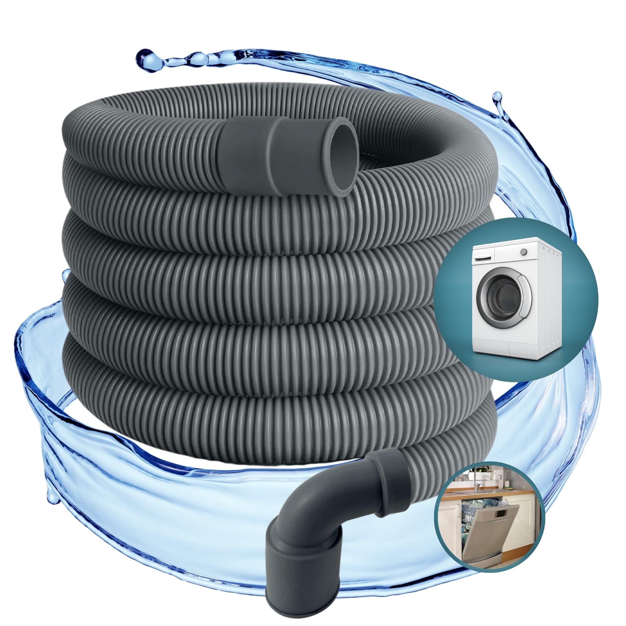 TronicXL Professional Drain Hose for Dishwasher & Washing Machine, 22mm Angled - 19mm Straight, 0.5Bar, 60C, Grey, Plastic, 1.5m