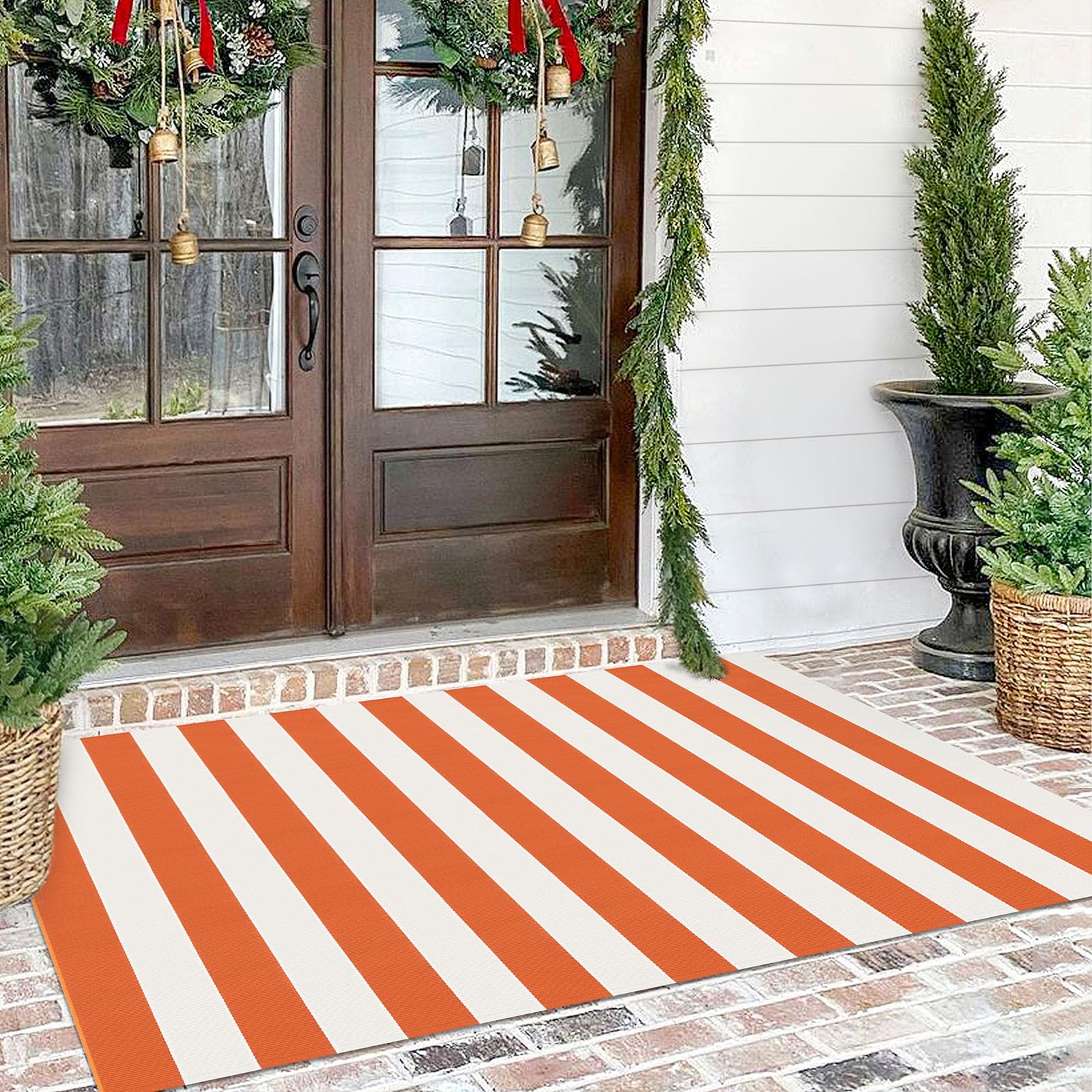KILOCOCO Halloween Rug 4'x6' Striped Outdoor Orange White Rugs for Thanksgiving Washable Holiday Fall Doormats Layered Front Door Mat for Porch Farmhouse Entryway Patio Christmas Decor Image